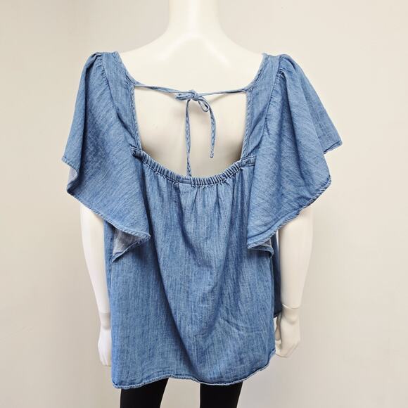 Old Navy Flutter Sleeve Top Size XL Chambray Jean Blue Tie Back Womens NWT - Picture 2 of 7